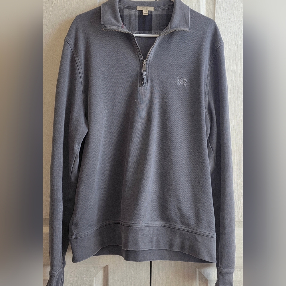 Burberry Brit Men's Charcoal Gray Zip-Up Quarter Pullover With Elbow Patches